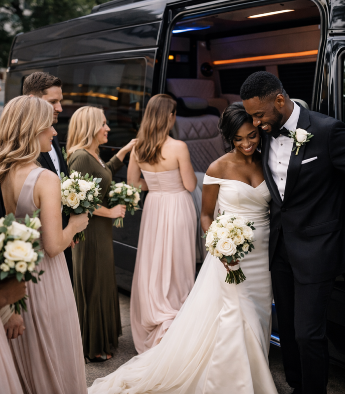 Wedding party boarding the Sprinter van